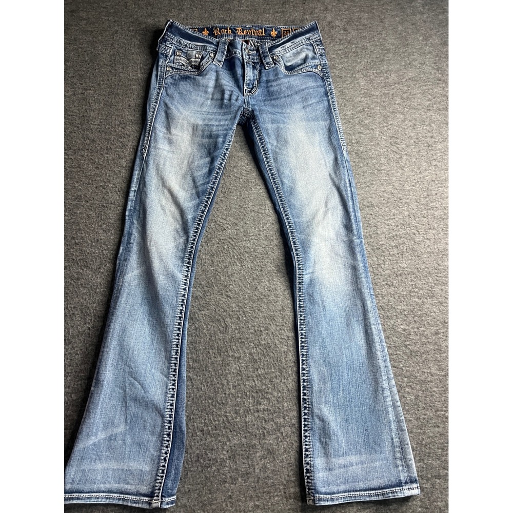 Rock Revival Greer Bootcut Jeans Women 26 Medium Wash Rhinestone Fleur De Lis - Picture 2 of 16